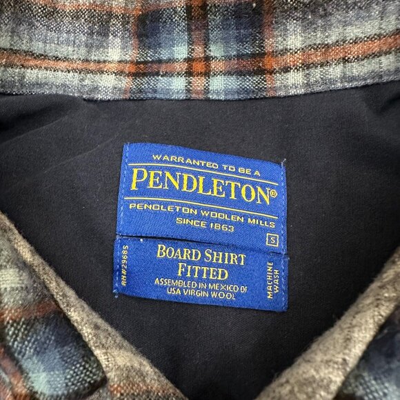 Pendleton Board Shirt Fitted Plaid Flannel Mens Small Gray Blue Virgin Wool - Picture 6 of 10